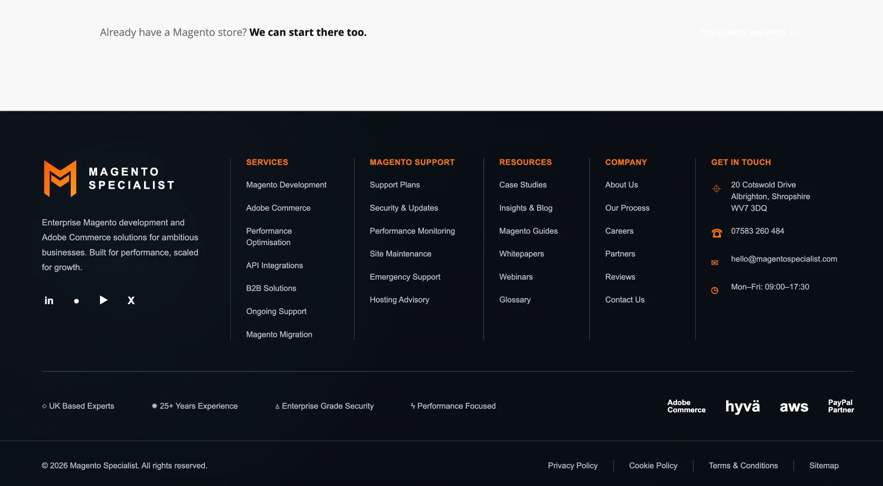 Magento Specialist footer and navigation